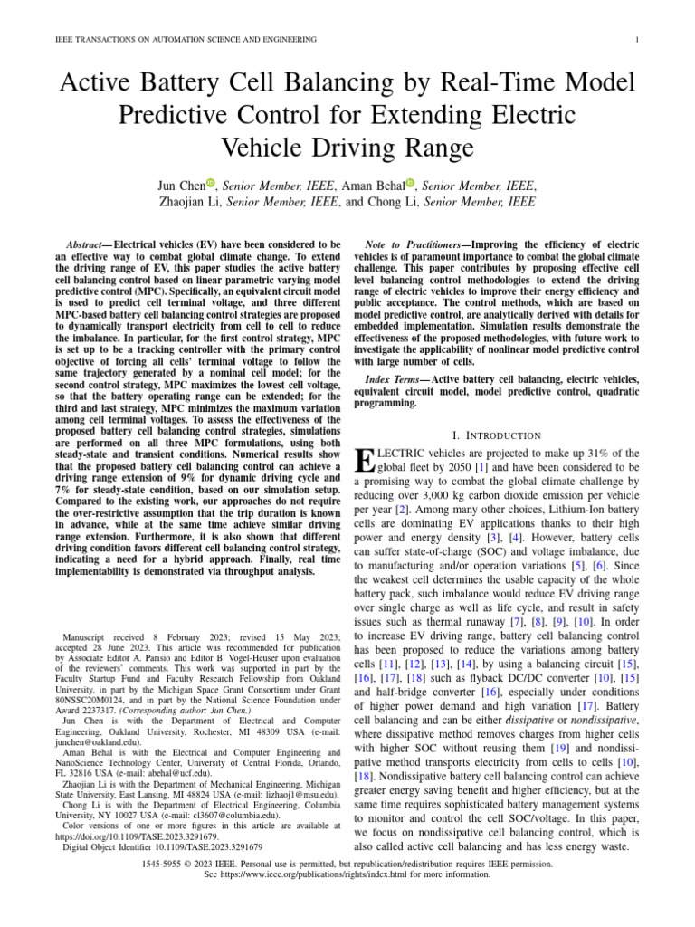 Active Battery Cell Balancing by Real-Time Model Predictive Control for ...
