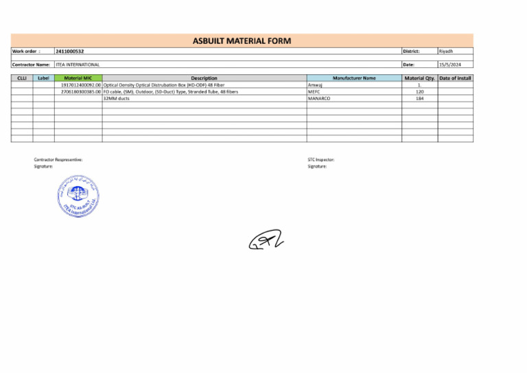 As Built Material Form 2411000532.Xlsx - Sheet1-1 | PDF