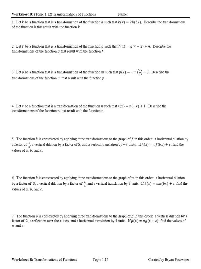 1_1.12 Transformations of Functions Worksheet | PDF | Chess Openings ...