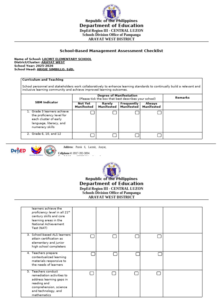 SBM Assessment Checklist_2025 | PDF | Learning | Teachers
