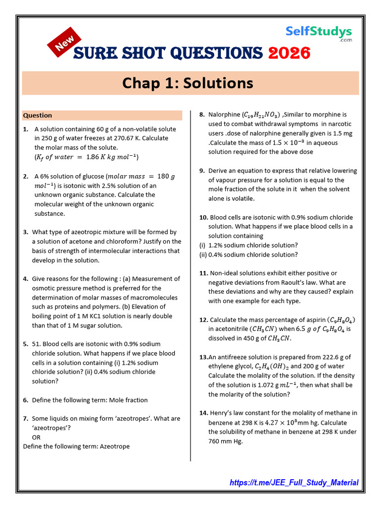 Chemistry Sure Shot Questions 2026 | PDF | Chemistry | Physical Chemistry