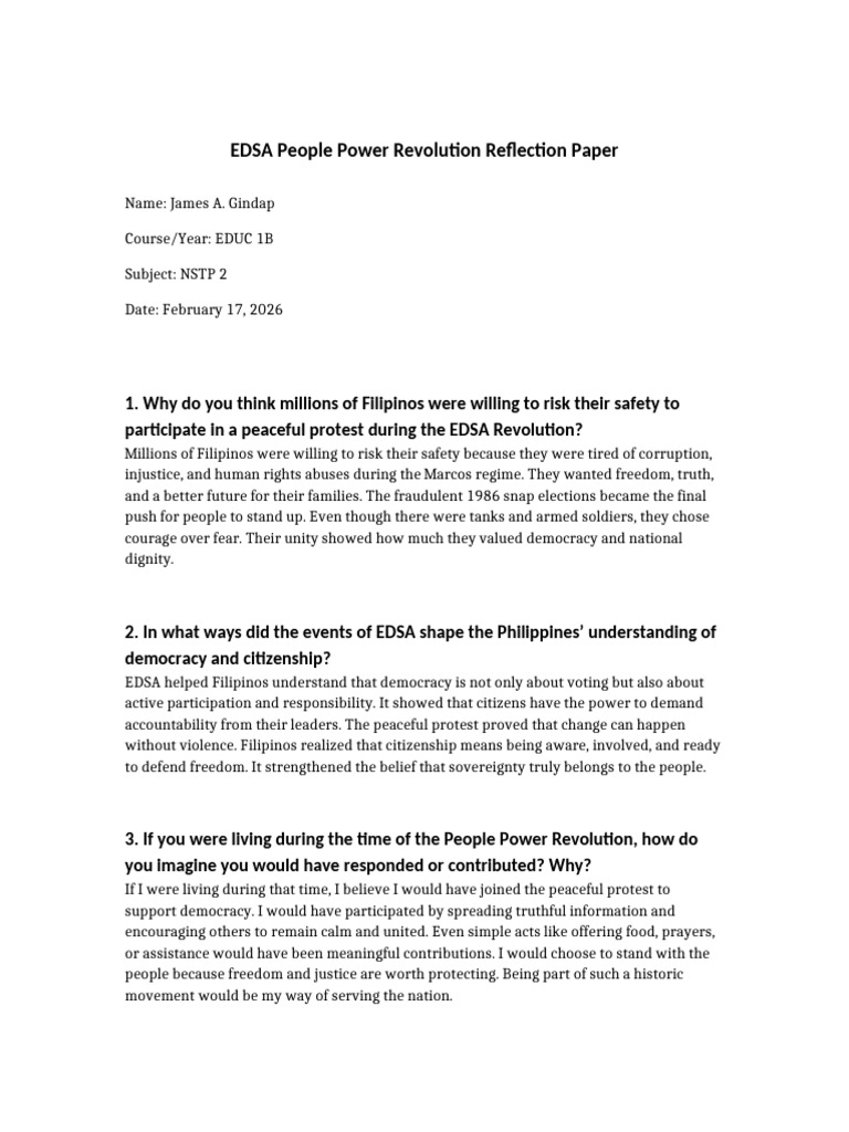 EDSA People Power Reflection Paper NSTP2 | PDF | Democracy | Political ...