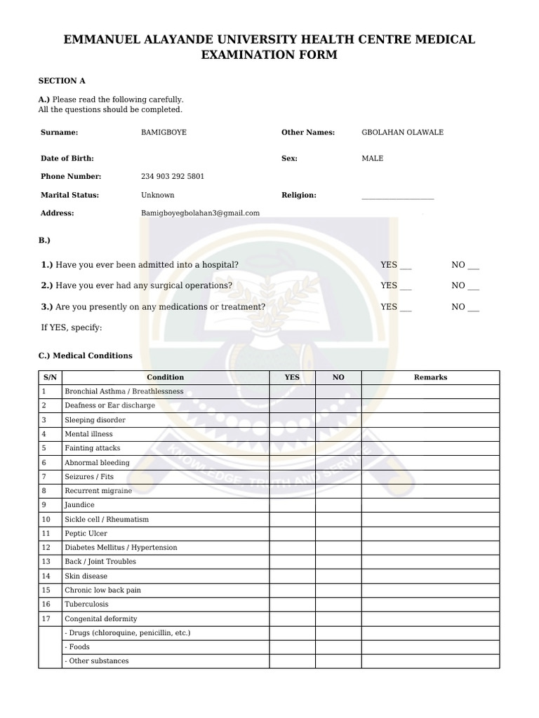 Medical Form | PDF | Hypertension | Diabetes