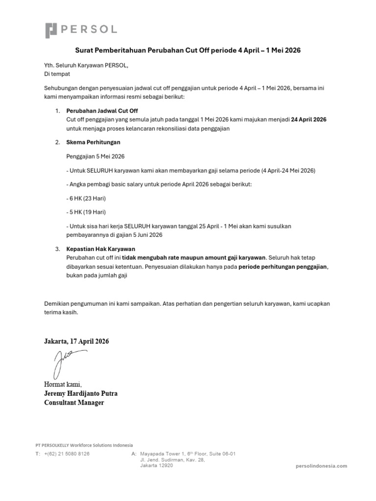 Surat Pemberitahuan Perubahan CUT OFF Periode April 2026 | PDF