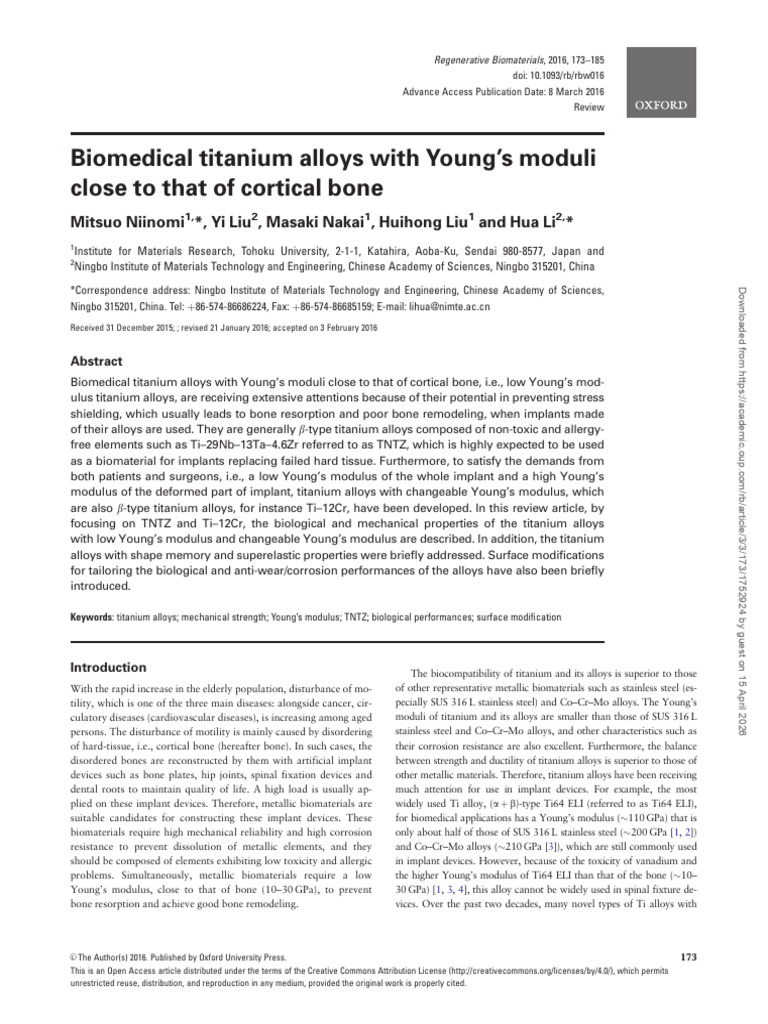 Biomedical titanium alloys with Young’s moduli | PDF | Titanium ...