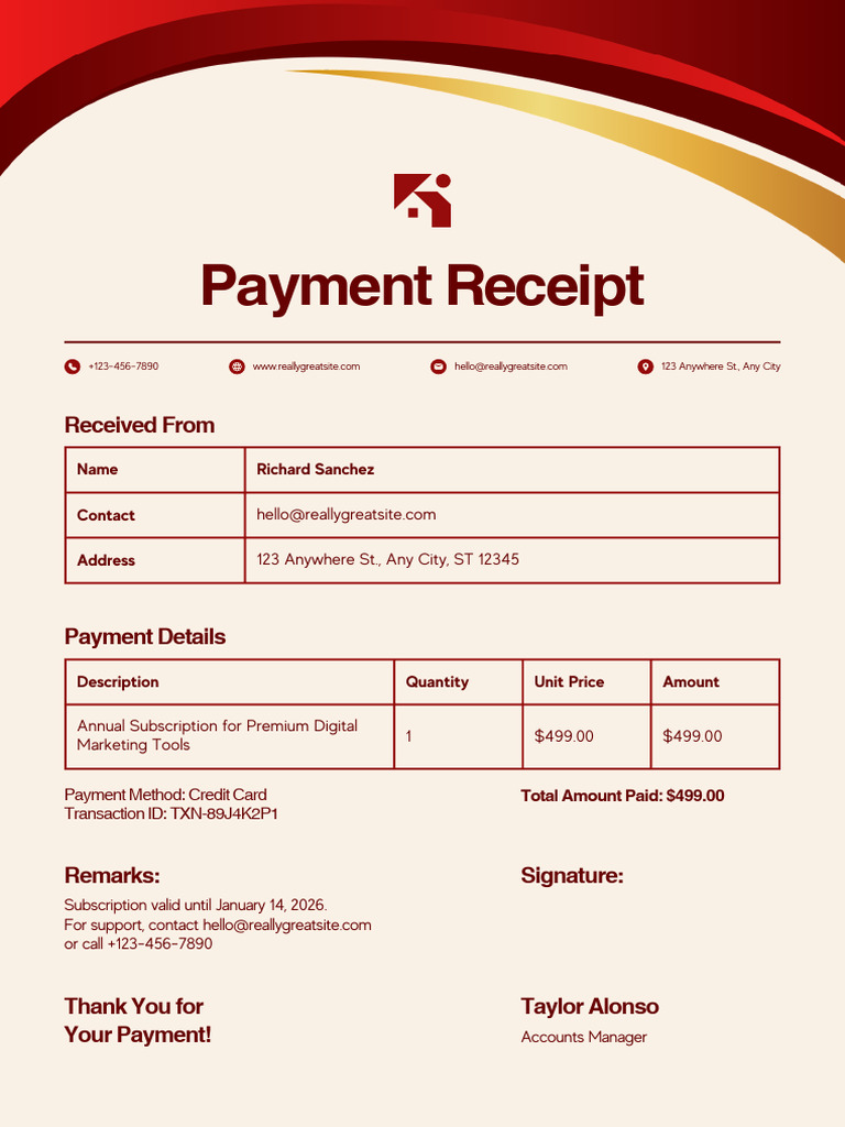 Red and Cream Clean Creative Business Payment Receipt Invoice | PDF