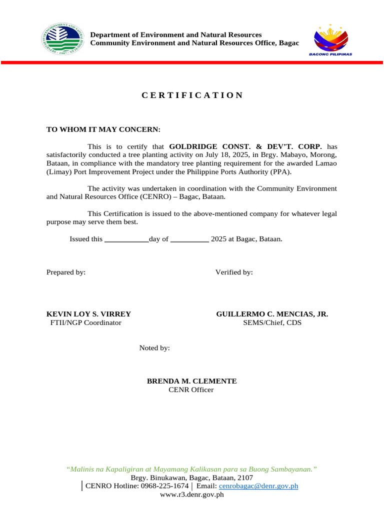 070725 Certificate Sample - Tree Planting | PDF
