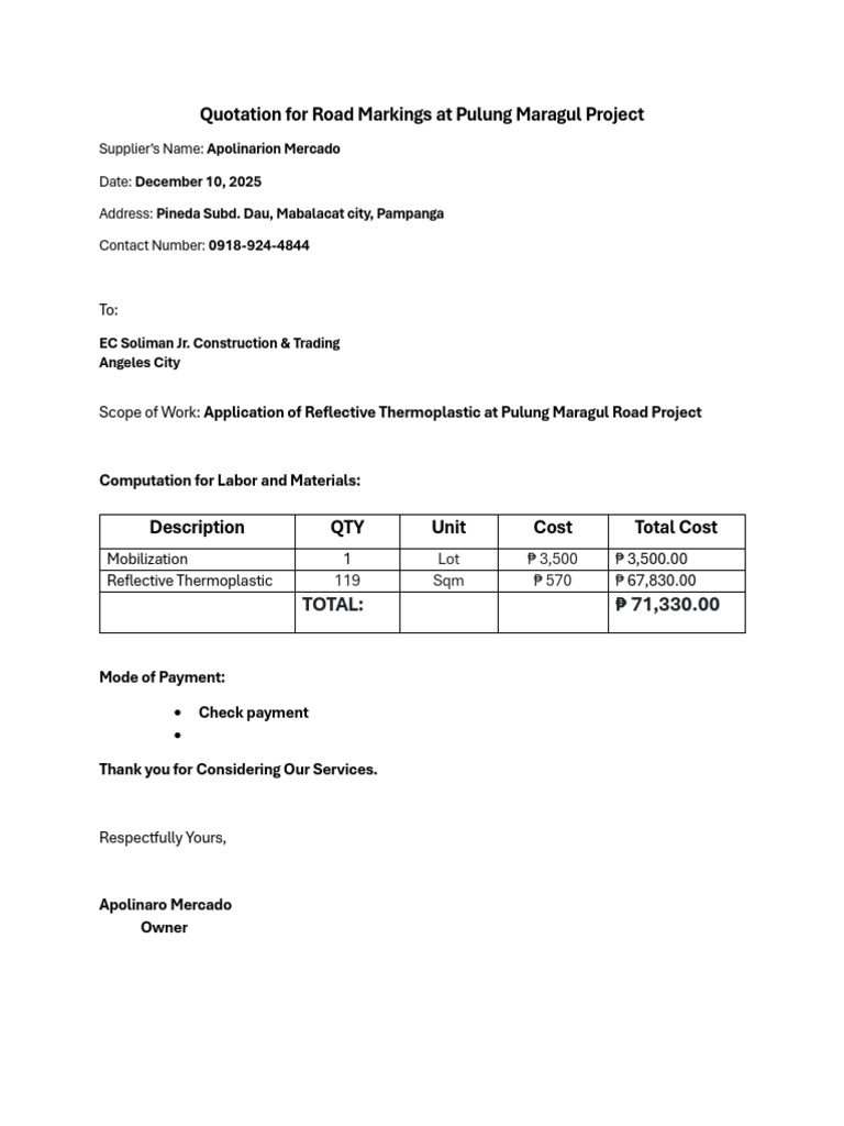 Quotation for Additional Double Throw for Generator at Main Panel Board ...