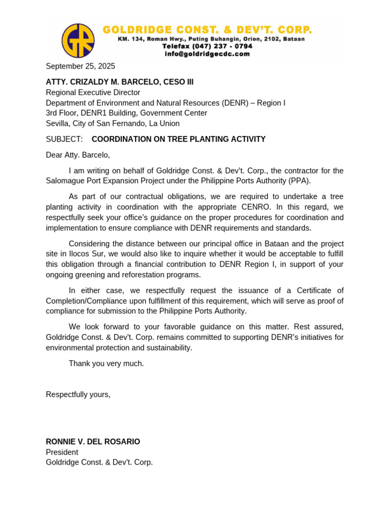 092525 Request for Coordination for Tree Planting Activity - DeNR R1 | PDF