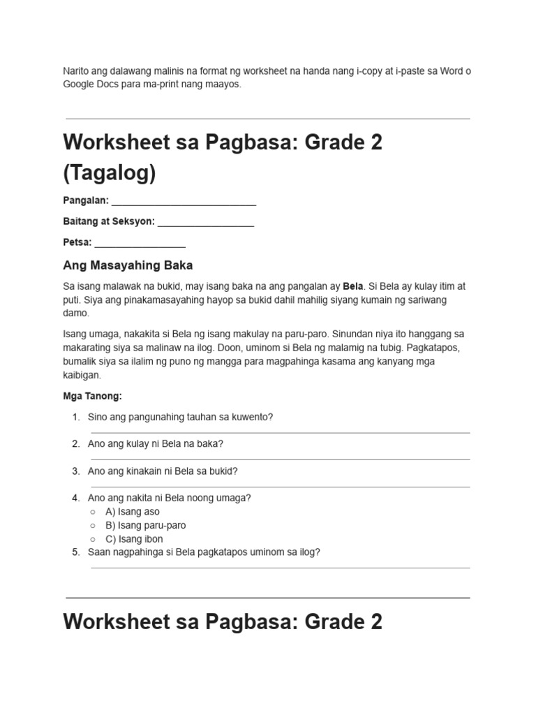 Mga Worksheet Sa Pagbasa | PDF
