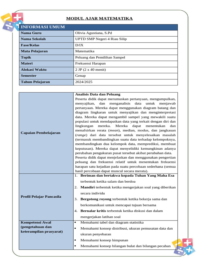 8. Modul Ajar Mtk 9 Bab 4.3 Frekuensi Harapan | PDF