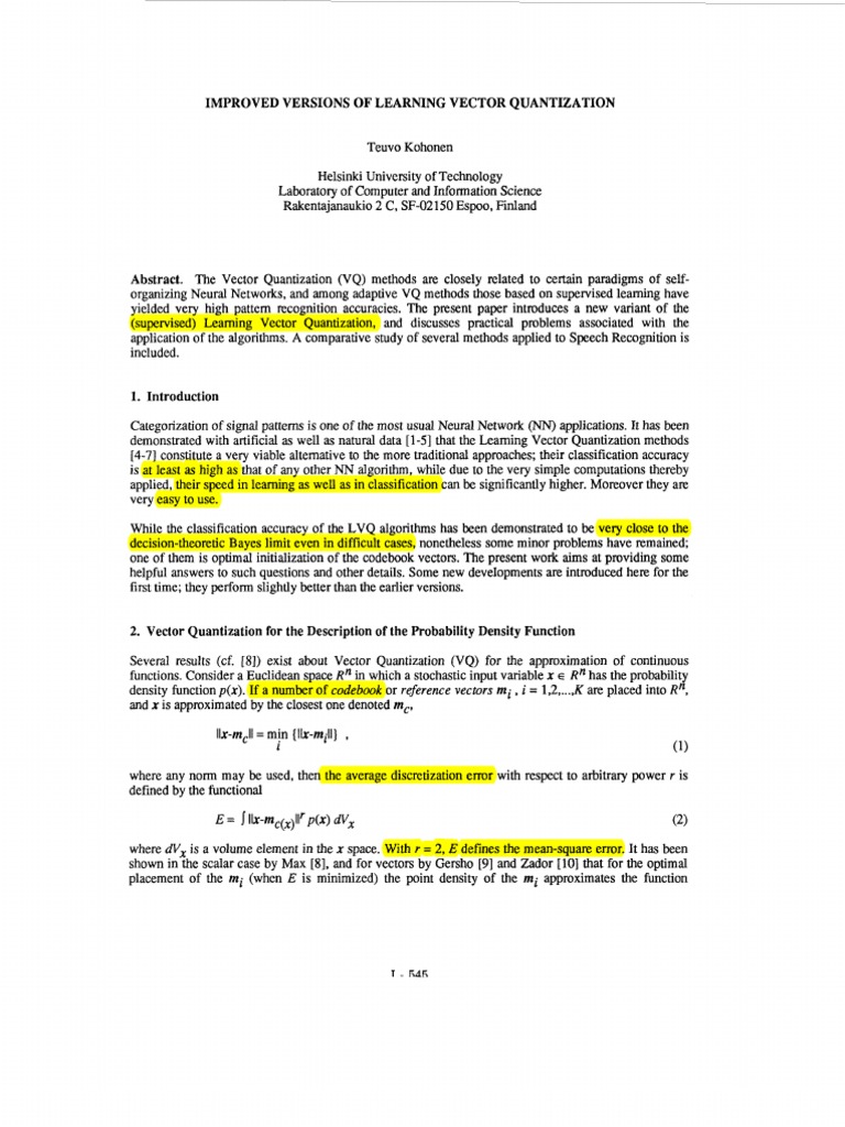 Enhanced Learning Vector Quantization Techniques | PDF | Statistical ...