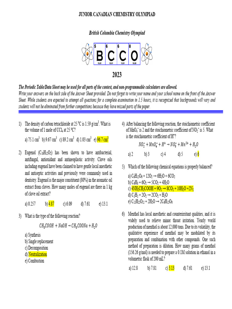 Jcco 2023 Key | PDF | Gases | Ultraviolet–Visible Spectroscopy