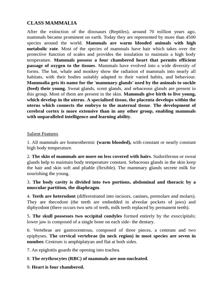 CLASS MAMMALIA-General Characters & Classification | PDF | Mammals | Skin
