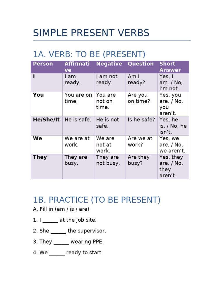 Simple present verb tenses and practice construction setting | PDF ...