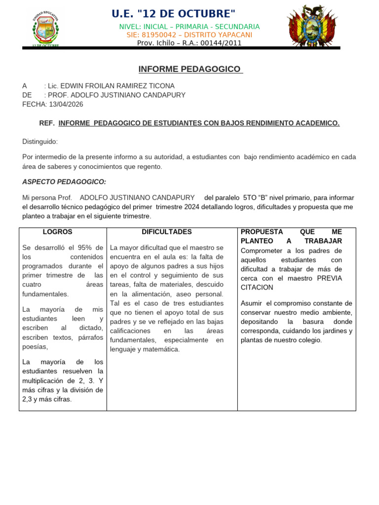 Informe Pedagogico 1er Trimestre 2026 | PDF | Cognición | Aprendizaje