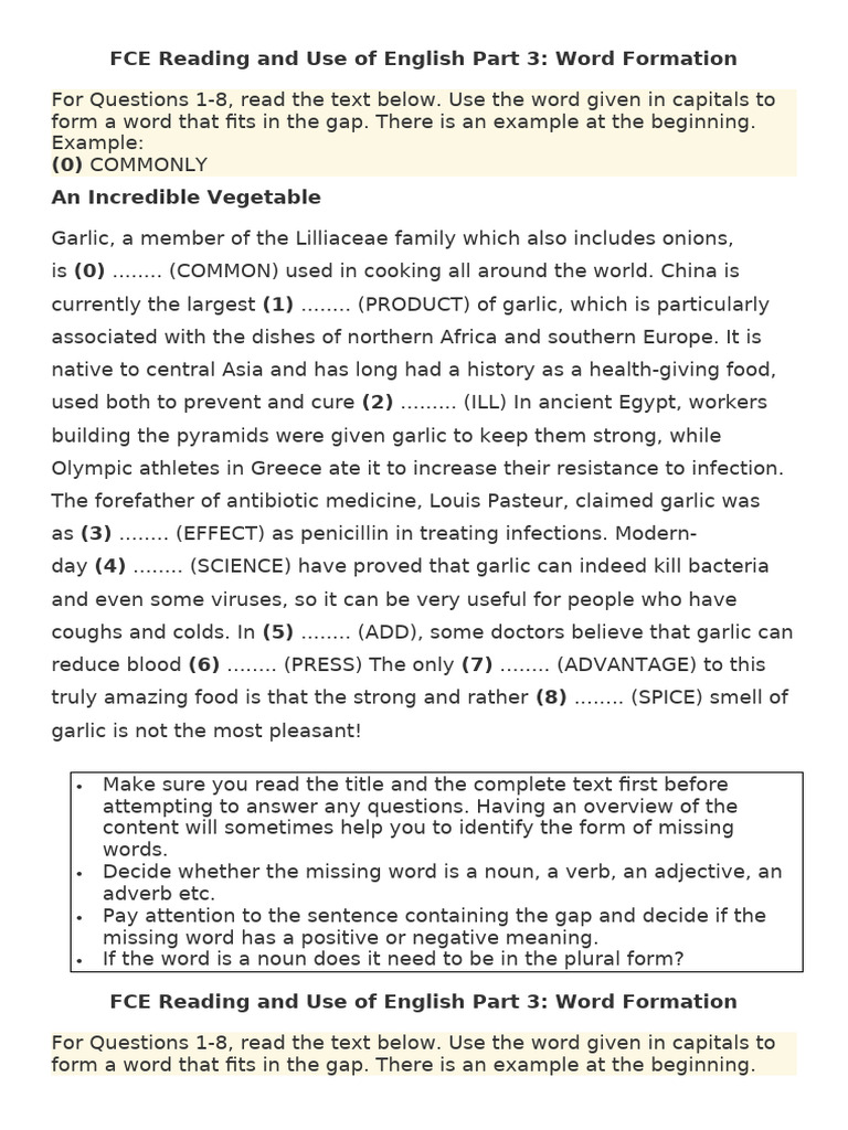 FCE Reading and Use of English Part 3 (Test 1) | PDF | Garlic | Adverb