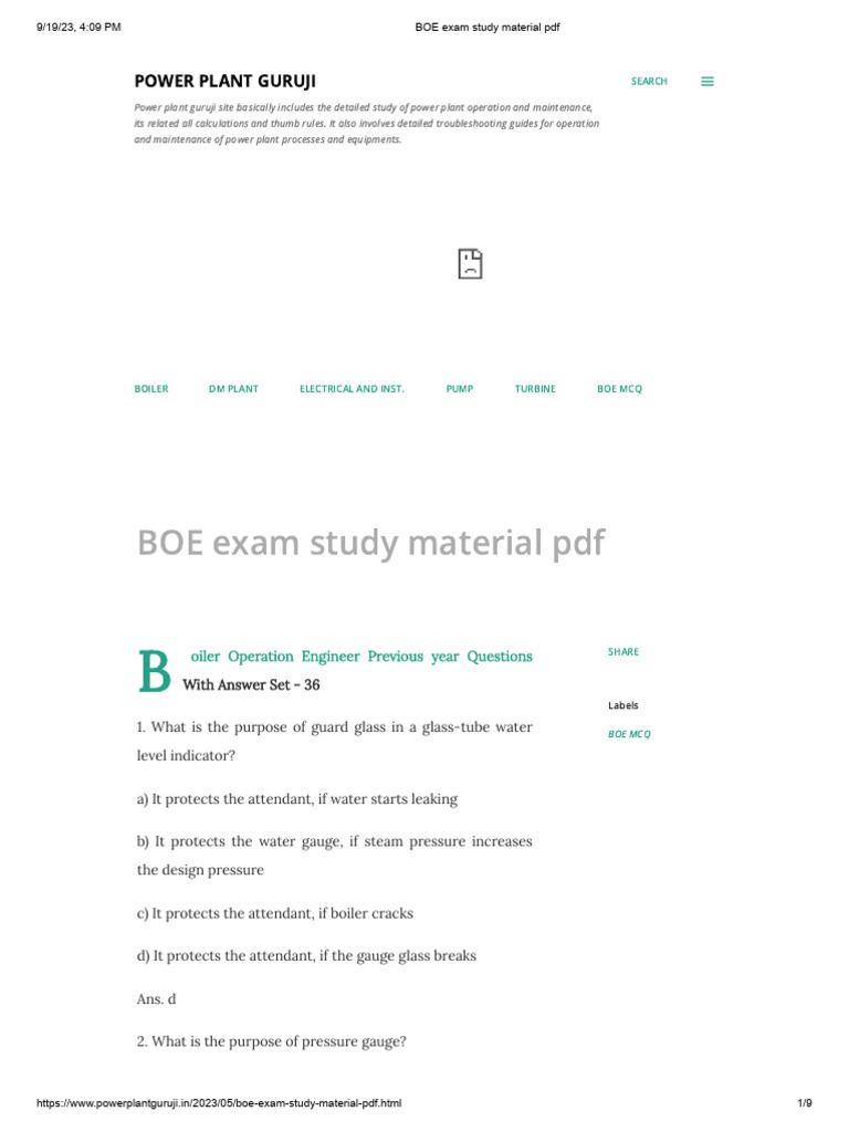 BOE Exam Study Material PDF | PDF | Boiler | Pressure