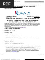 ROMNEY FOR PRESIDENT AND THE REPUBLICAN NATIONAL COMMITTEE RELEASE NEW SPANISH-LANGUAGE TV AD, "NO PODEMOS MÁS"