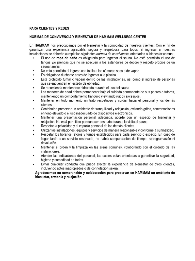 Normas de Convivencia y Bienestar Hammam Wellness Center | PDF