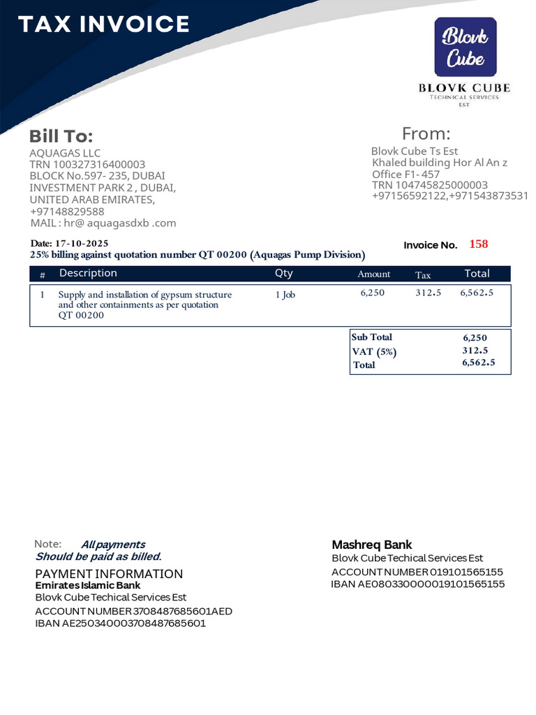50% Advance Invoice on Supply and Installation Gypsum Structure | PDF