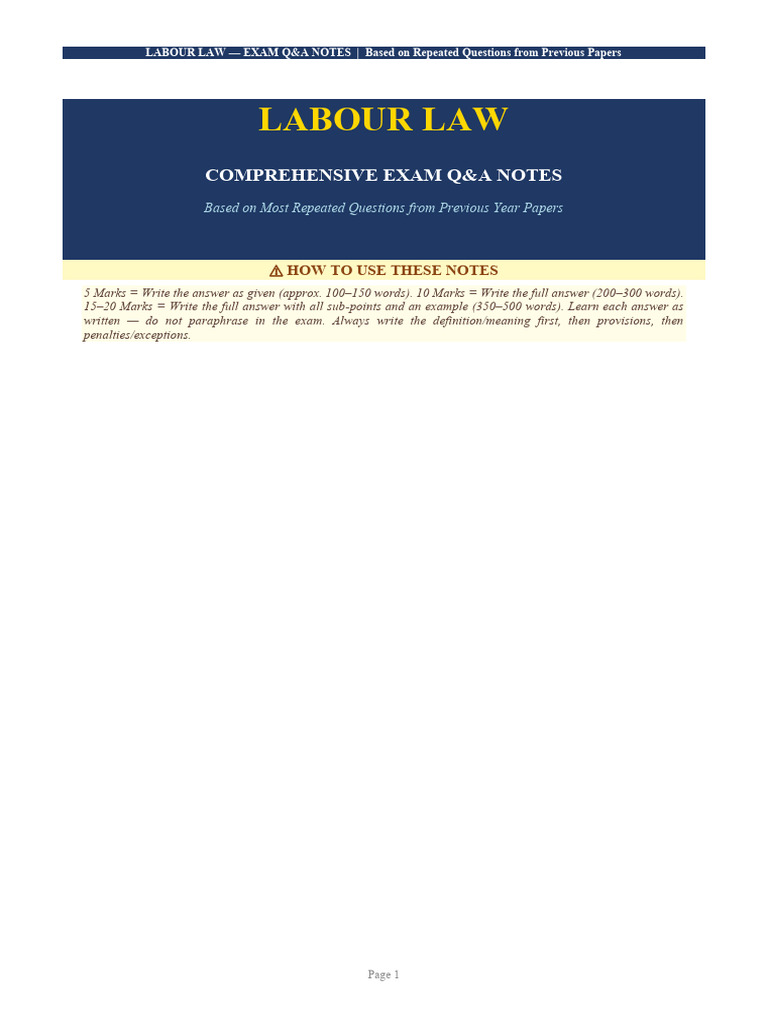 Labour Law Exam QA Notes | PDF | Labour Law | Employment