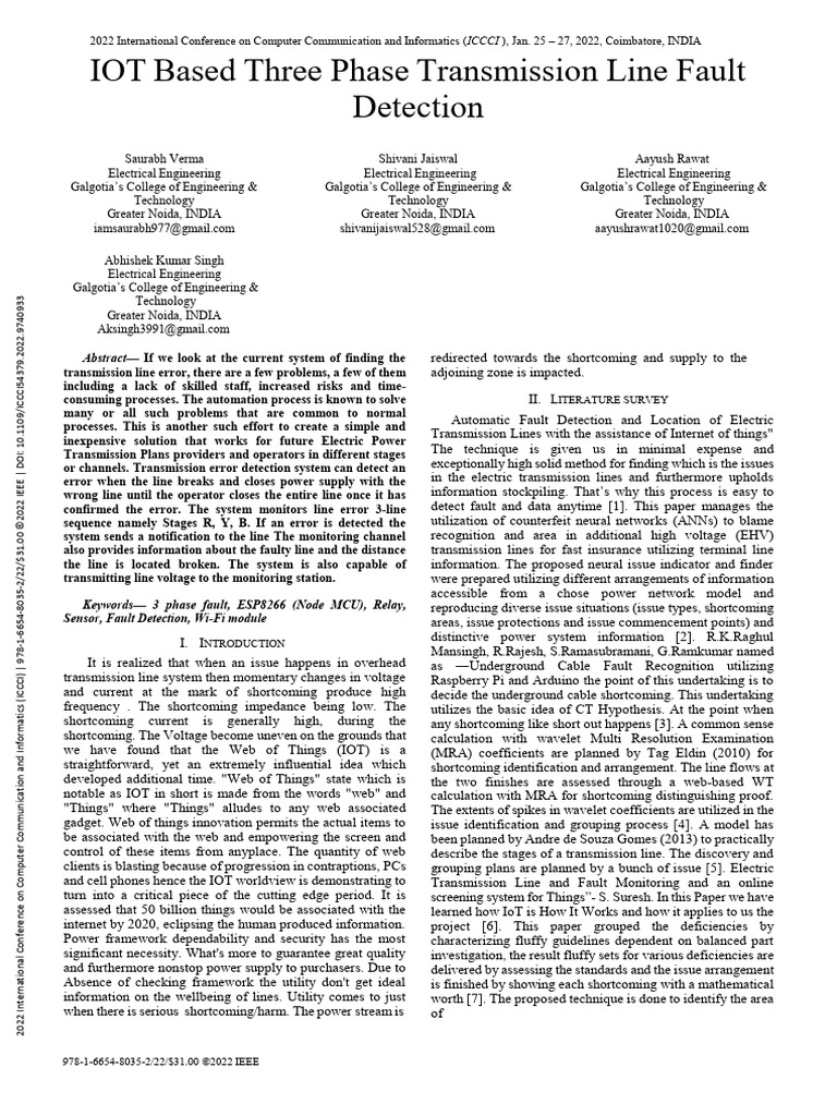 IOT Based Three Phase Transmission Line Fault Detection | PDF ...