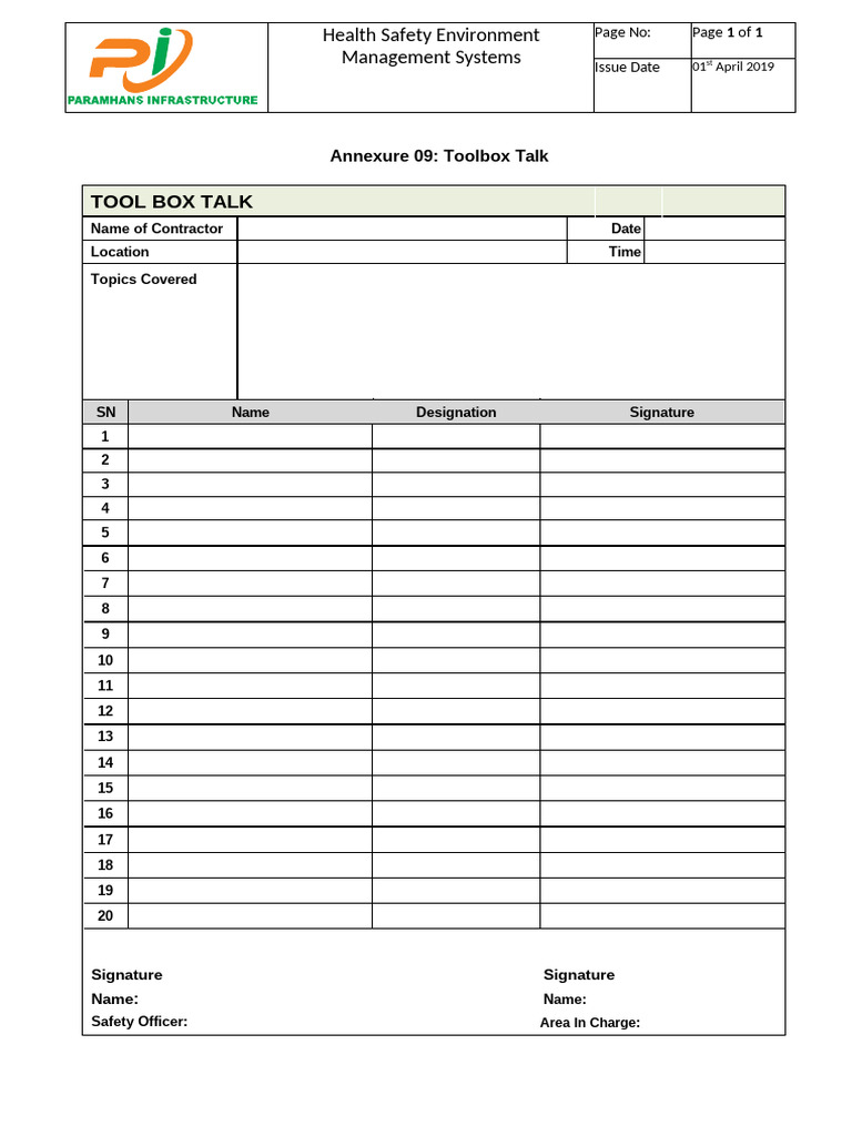 Annexure 10 - Tool Box Talk | PDF