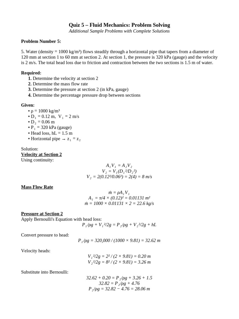 Quiz 5 Additional Samples | PDF | Pressure | Fluid Mechanics