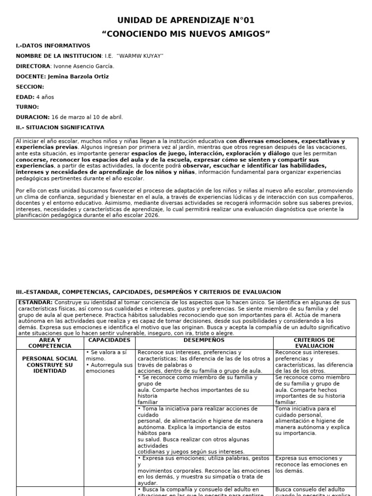 Unidad de Aprendizaje N 01 2026 | PDF | Las emociones | Evaluación