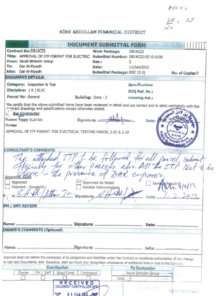 Approval for ITP Format for Electrical Testing Parcel 2.05 & 2.10 ...