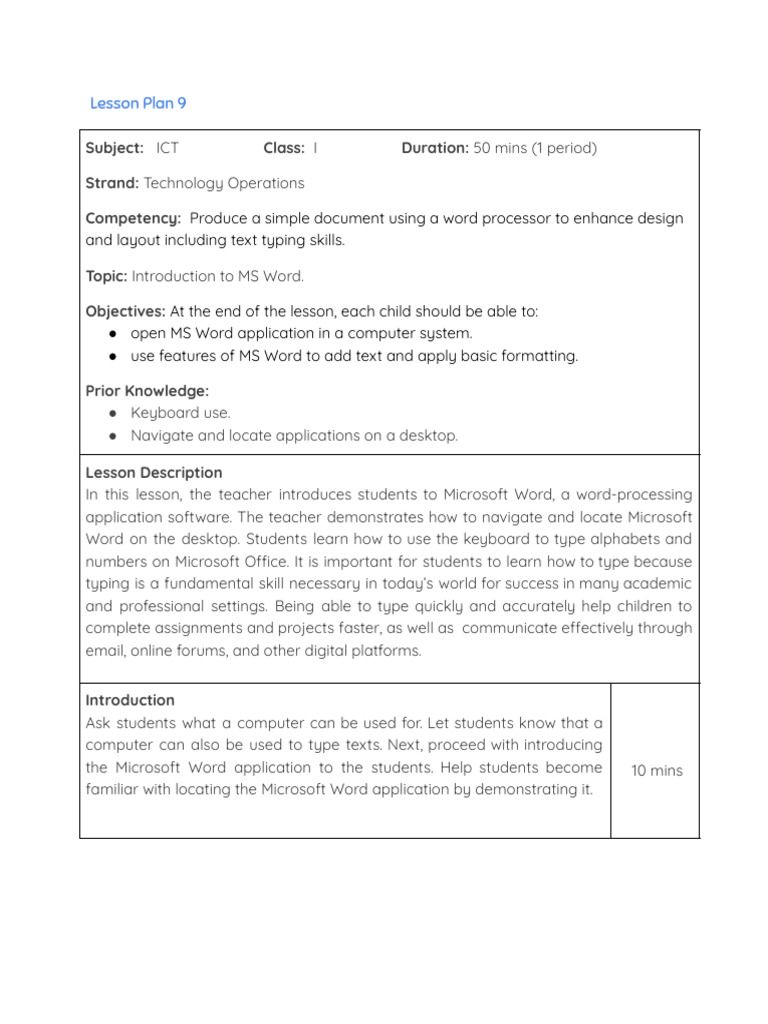 LESSON PLAN Introduction to MS Word | PDF | Microsoft Word | Word Processor