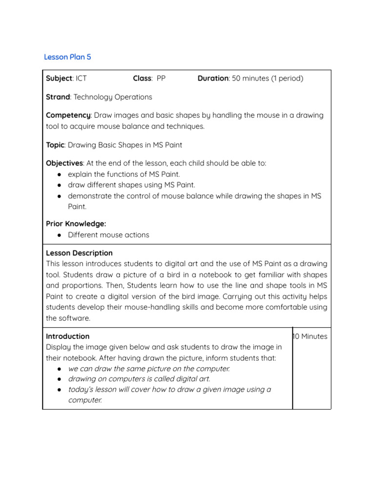 LESSON PLAN Drawing Basic Shapes in MS Paint | PDF | Drawing | Computing