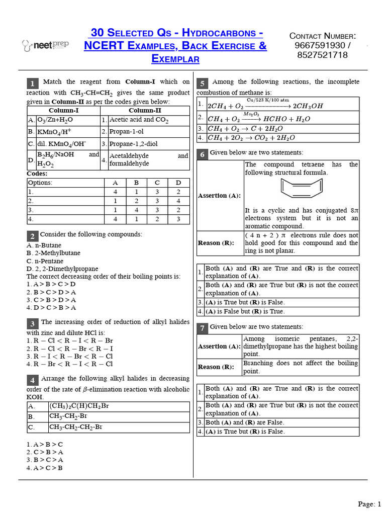 30 Selected Qs Hydrocarbons NCERT Examples, Back Exercise & Exemplar ...