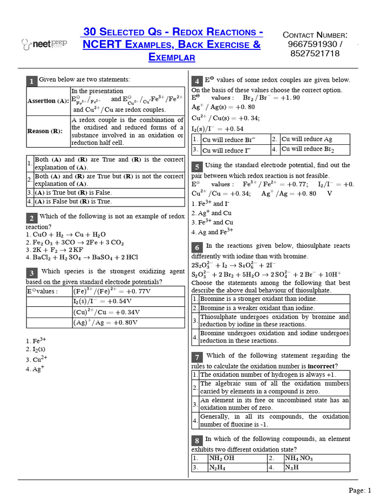 30 Selected Qs Redox Reactions NCERT Examples, Back Exercise & Exemplar ...