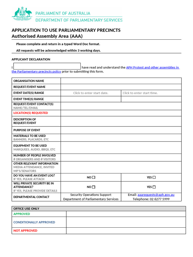 Application to Use Parliament Precincts | PDF | Government