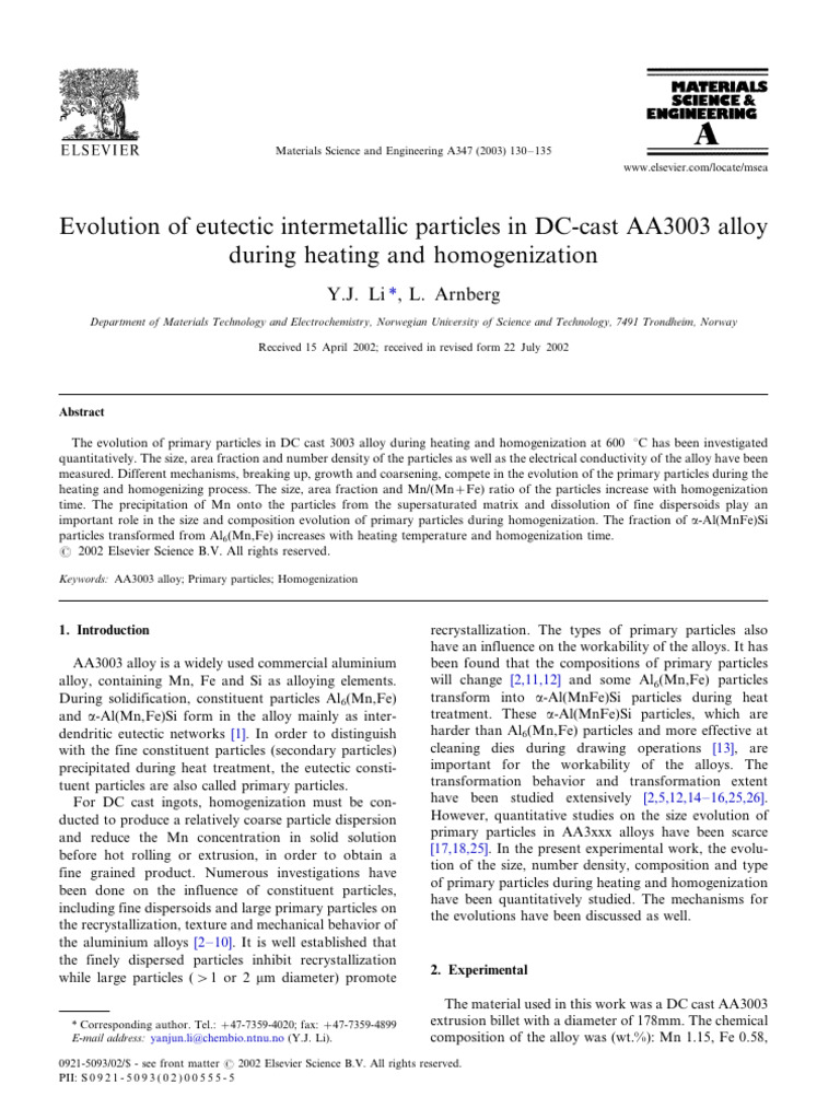 Evolution of eutectic intermetallic particles in DC-cast AA3003 alloy ...