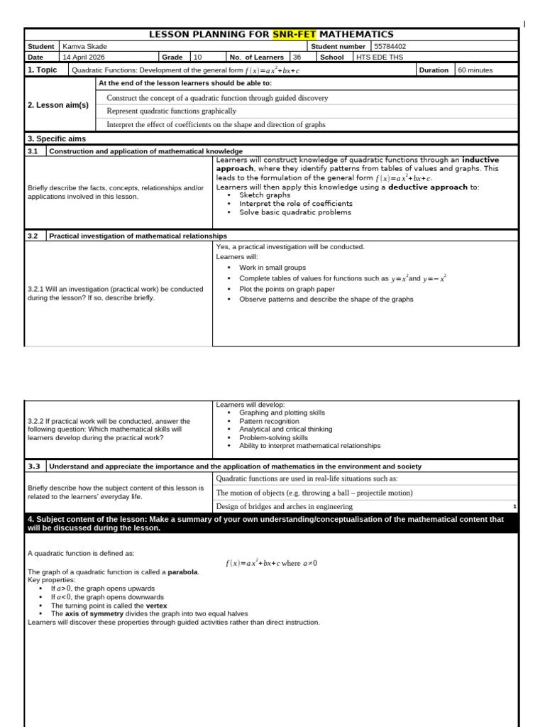 Lesson Planning SNR-FET Mathematics2026 DONE | PDF | Quadratic Equation ...
