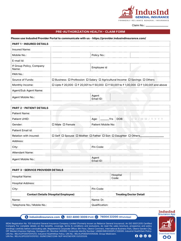 Preauthorization-Health-Claim-Form For Indusind | PDF