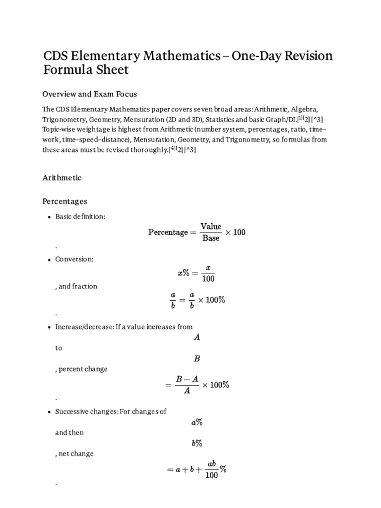 CDS Elementary Mathematics – One-Day Revision Formula Sheet | PDF ...