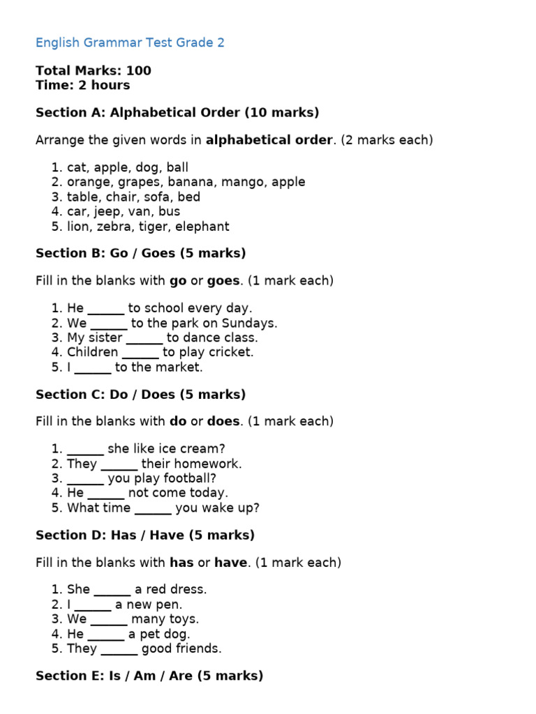 English Grammar Test Grade 2 | PDF | Pronoun | Linguistics