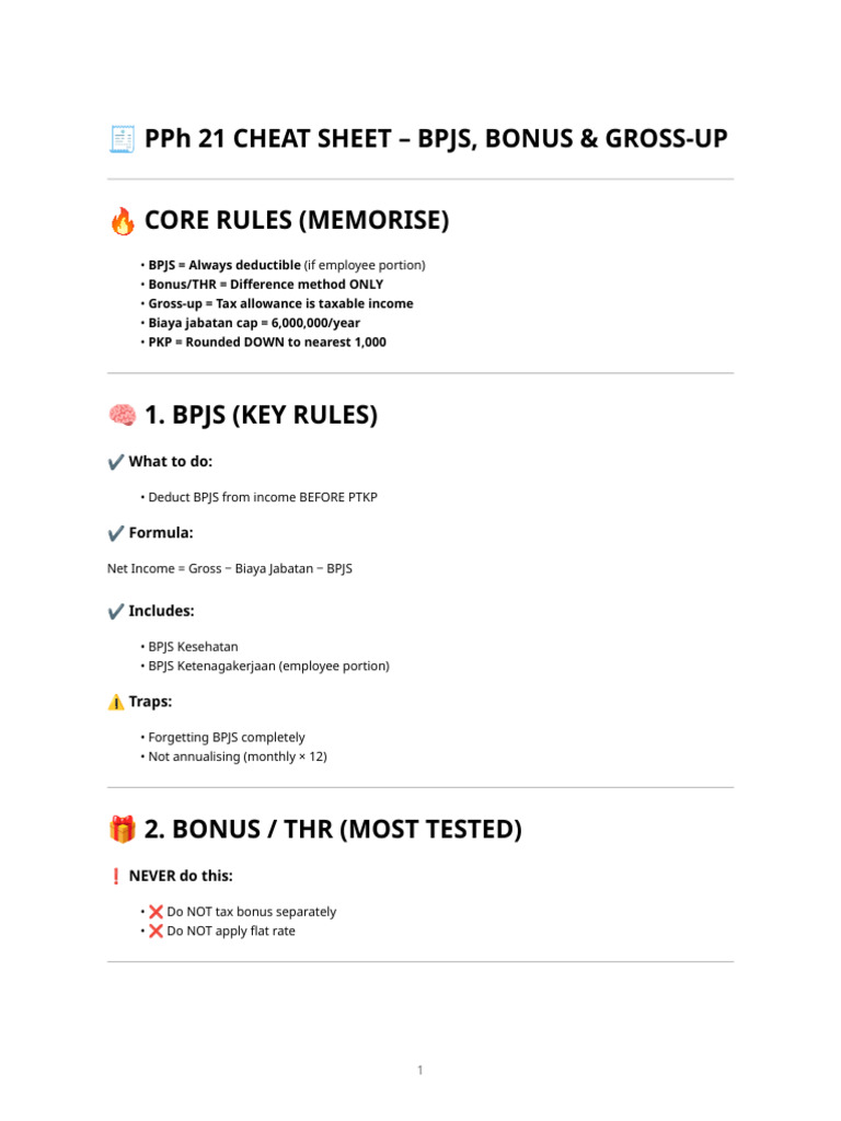 Pph 21 Cheat Sheet – Bpjs, Bonus & Gross-up | PDF