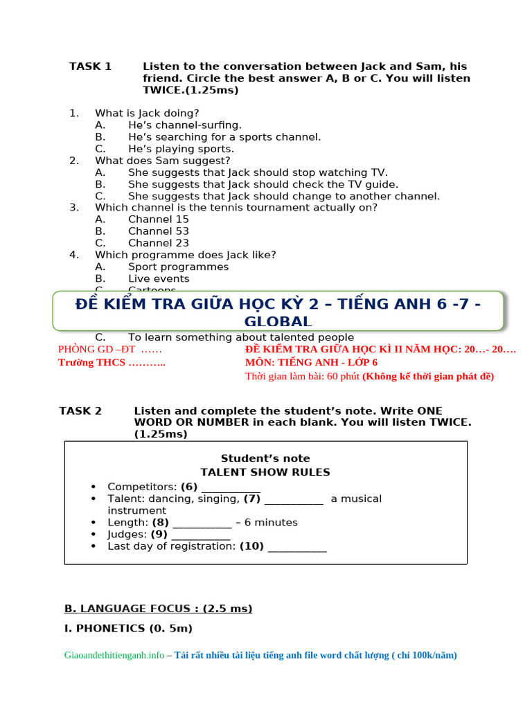 De KT - Dap an - Tieng Anh 6 - GK2 (1) | PDF | Linguistics