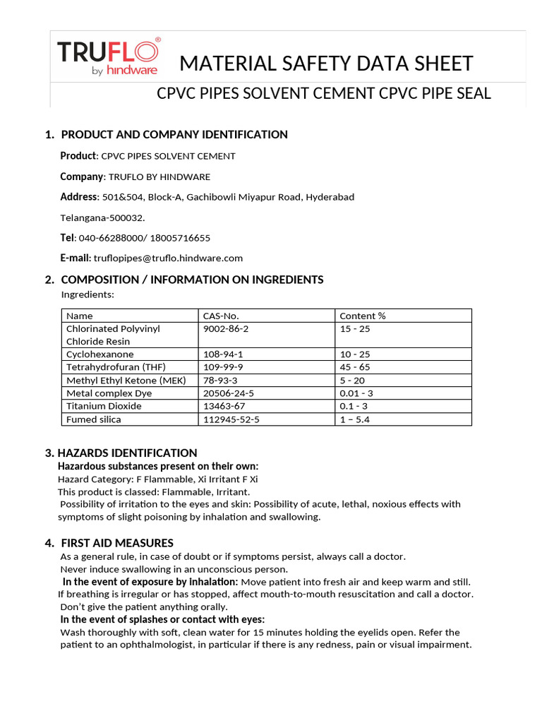Msds File Cpvc Solvent | PDF | Firefighting | Solvent