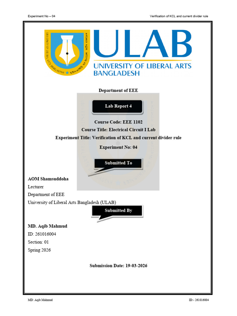 Md . Aqib Mahmud (261016004) Lab Report 4 Experiment on Verfication of ...