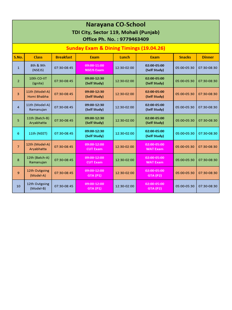 Sunday Exam & Dinning Timings (19.04.26) | PDF