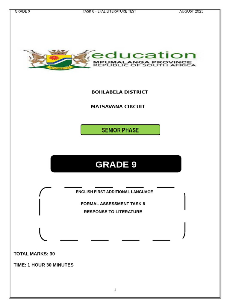 EFAL GRADE 9 LITERATURE TEST AUGUST 2025 | PDF | Poetry