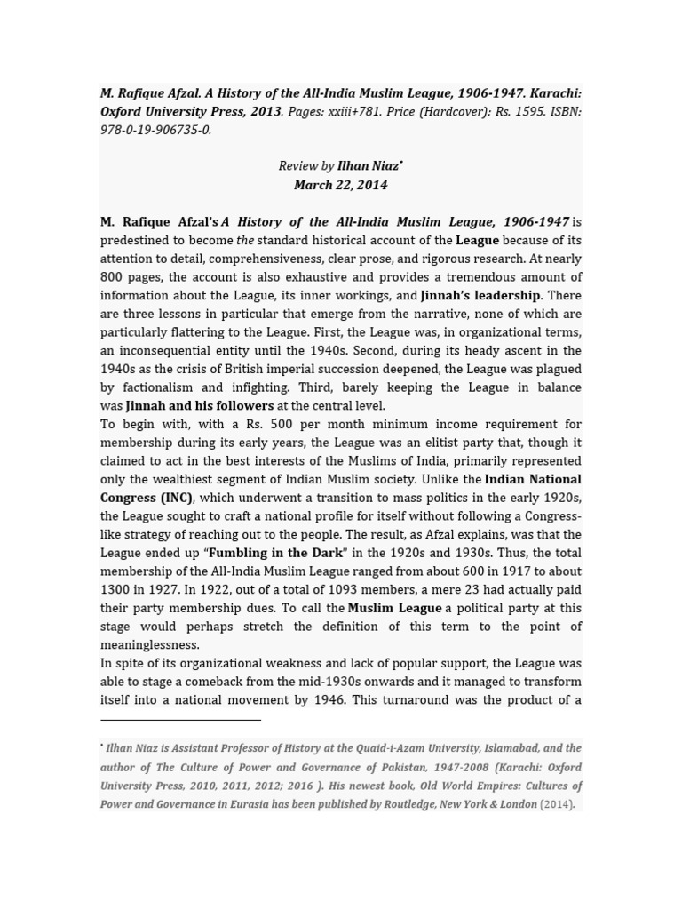 Review of Rafique Afzals a History of Th | PDF | All India Muslim ...