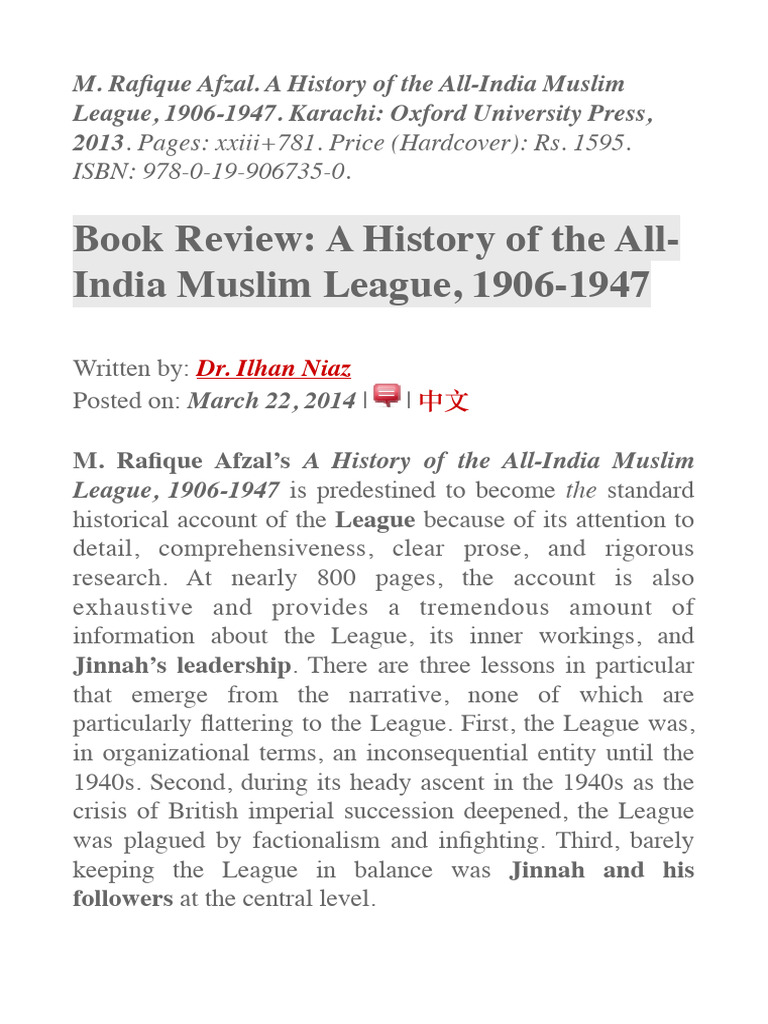 Review_of_Rafique_Afzals_History_of_The | PDF | All India Muslim League ...