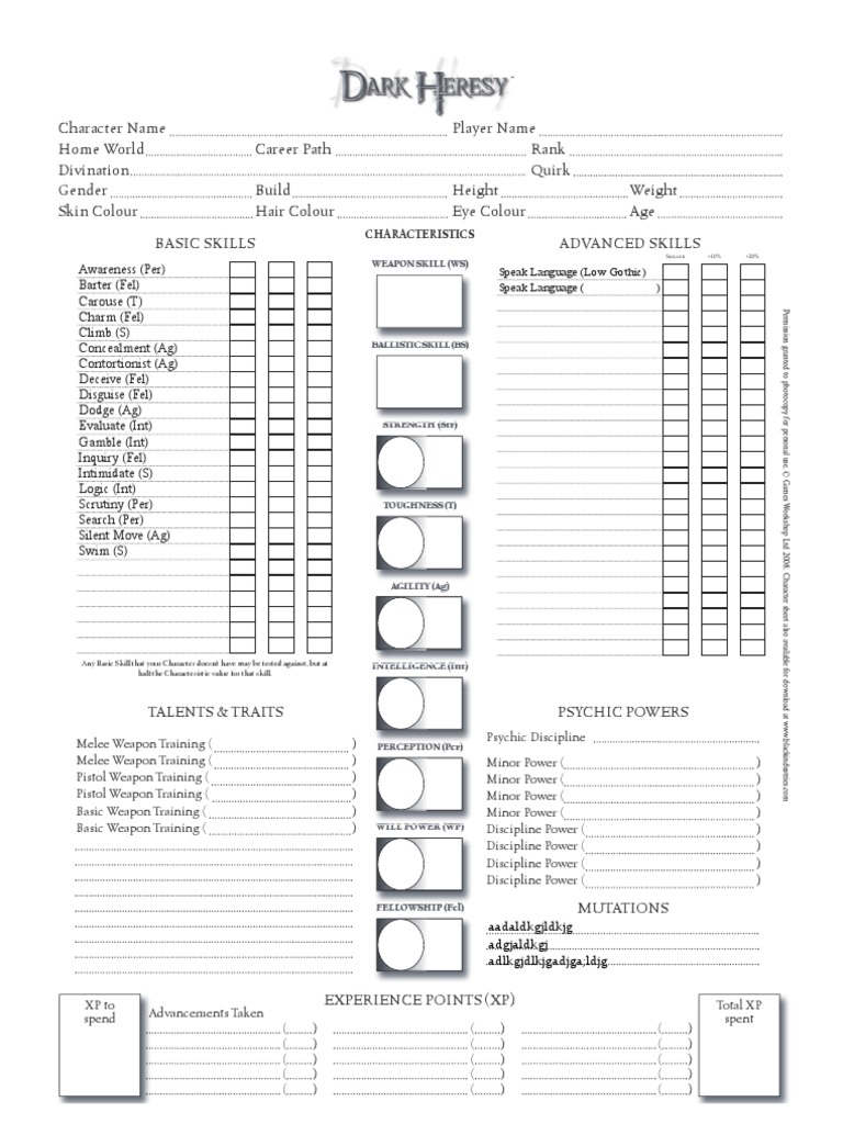 Dark Heresy Writable PDF Character Sheet